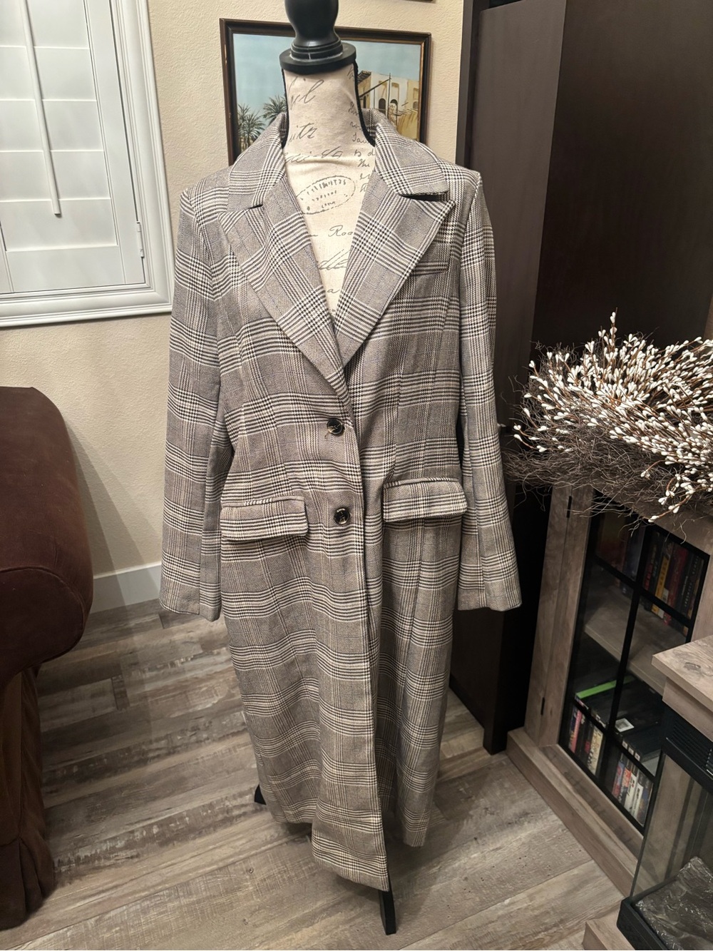Women's Gray Plaid Trench Coat - Tailored Long Overcoat